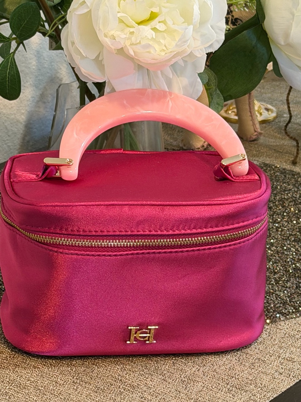 New Carolina Herrera Fuchsia Satin Cosmetic Case Gold Hardware Top Handle